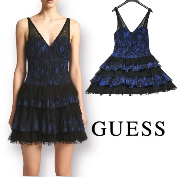 🛍️SALE🛍️ GUESS Black & Cobalt Blue Ruffled Lace Tiered Mini Dress - Picture 1 of 12